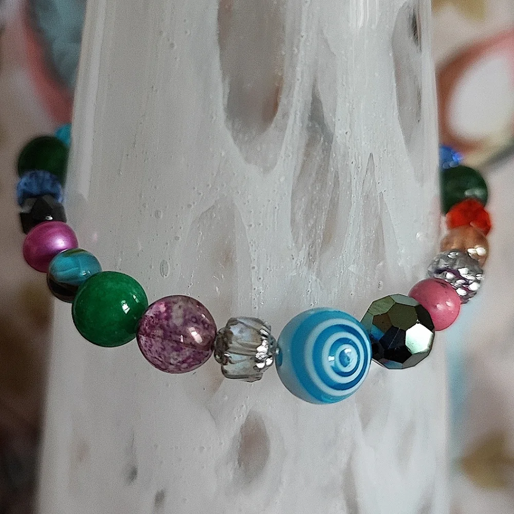 3 Pieces Set Faceted Art Glass Beads Vintage 2 Necklaces Bracelet Multi Colored